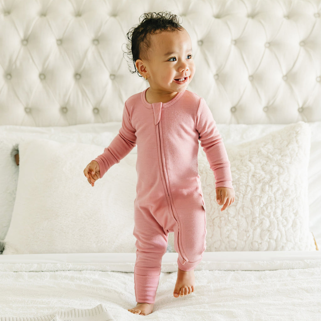 Convertible Baby Romper, Footless Pajamas, Merino Wool, Blush