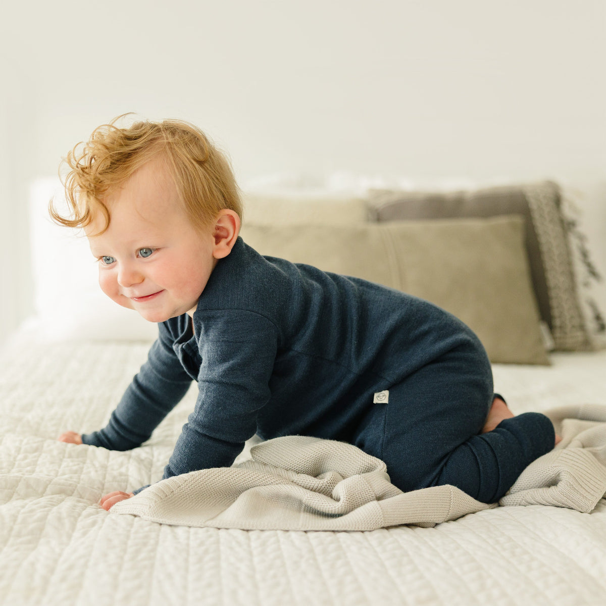 Convertible Baby Romper, Footless Pajamas, Merino Wool, Indigo