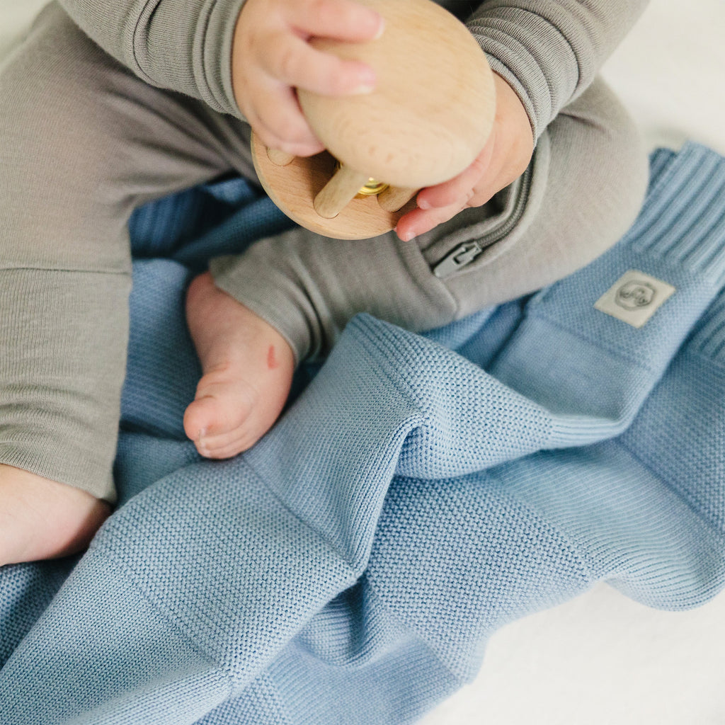 Knitted Baby Blanket, 100% Merino Wool, 31.5" x 40", Lullaby Blue
