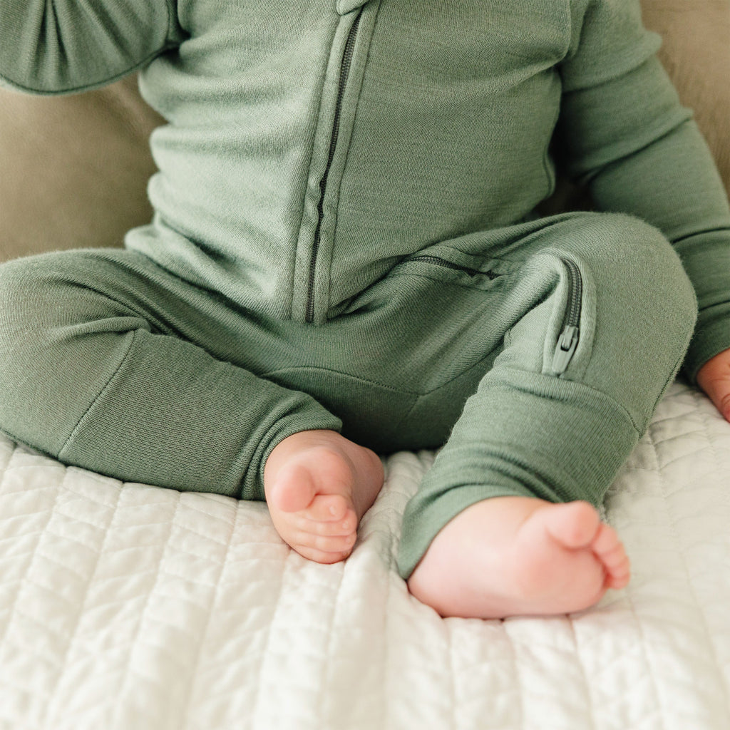 Convertible Baby Romper, Footless Pajamas, Merino Wool, Sage