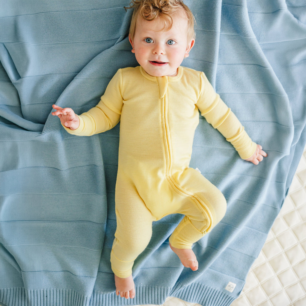 Convertible Baby Romper, Footless Pajamas, Merino Wool, Banana