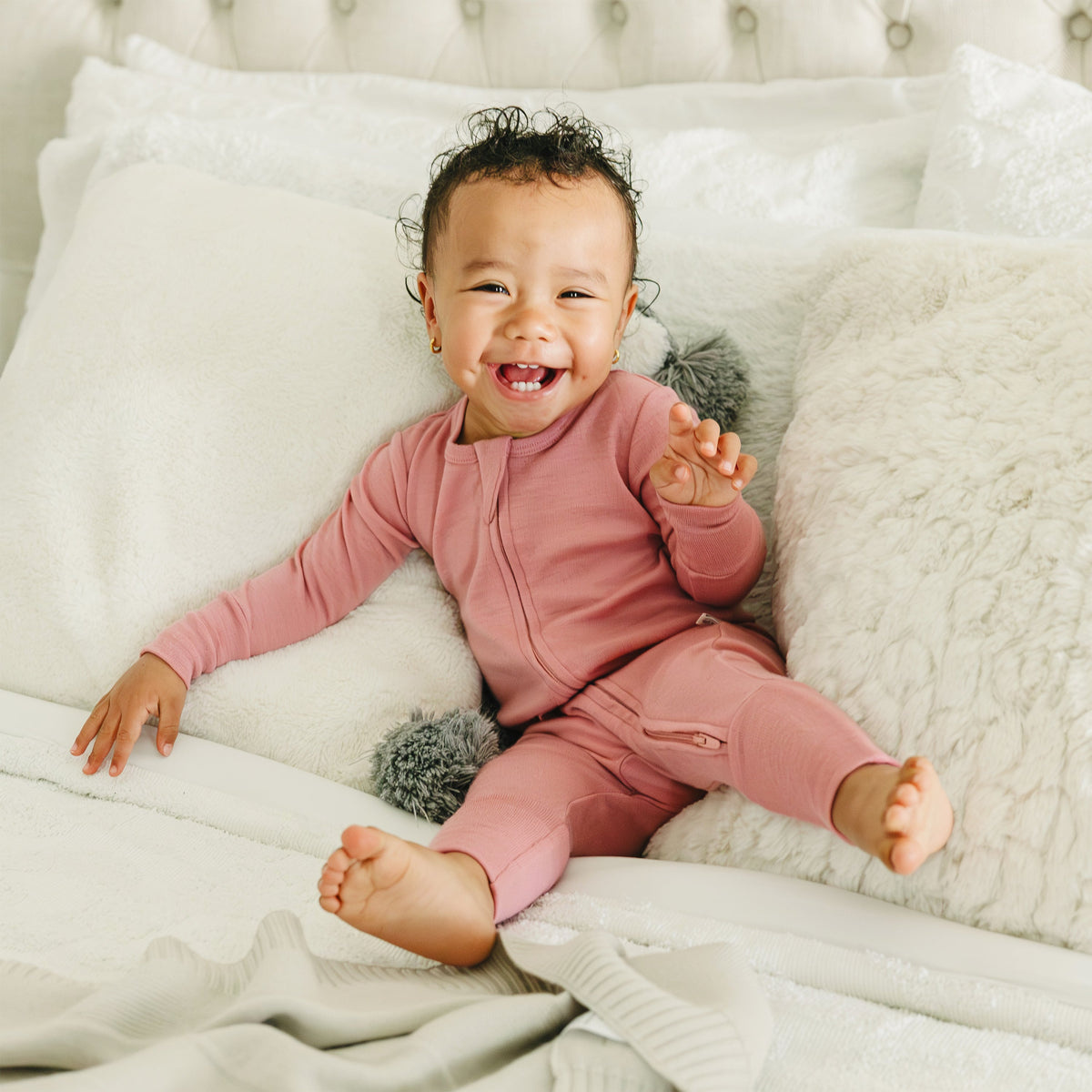 Convertible Baby Romper, Footless Pajamas, Merino Wool, Blush