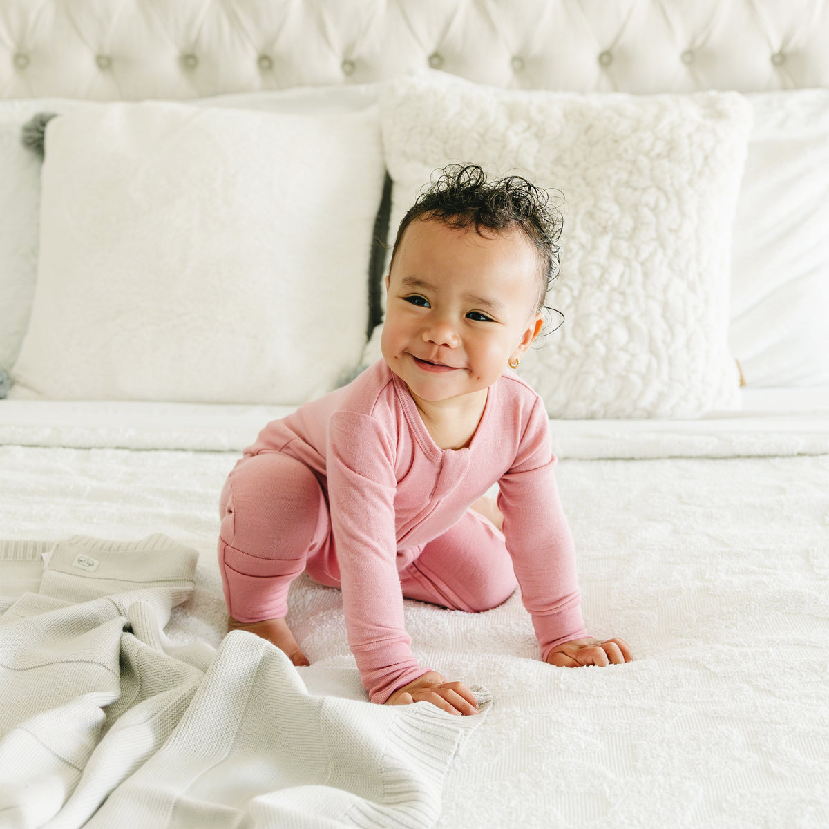 Convertible Baby Romper, Footless Pajamas, Merino Wool, Blush
