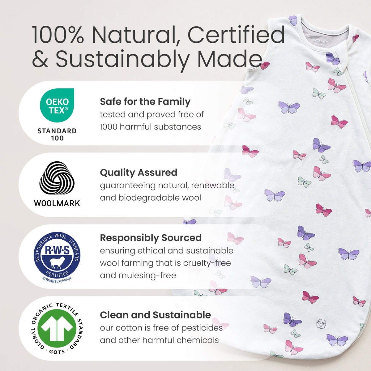 4 Season® Classic Baby Sleeping Bag, Merino Wool & Organic Cotton, Sheep