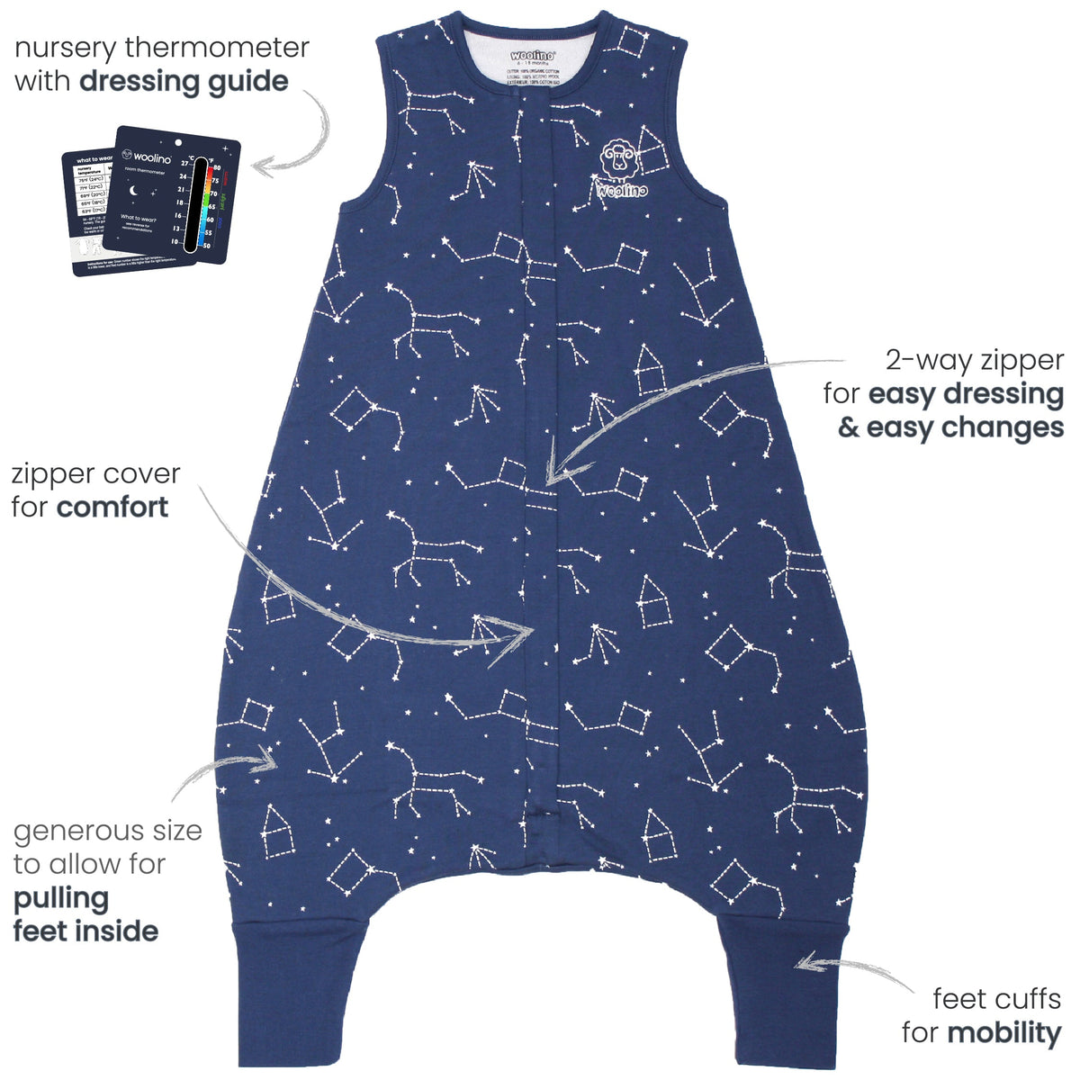 4 Season® Baby Sleep Bag with Feet, Merino Wool & Organic Cotton, Night Sky™